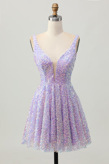 Sequins A Line Lilac V-Neck Short Cocktail Dress